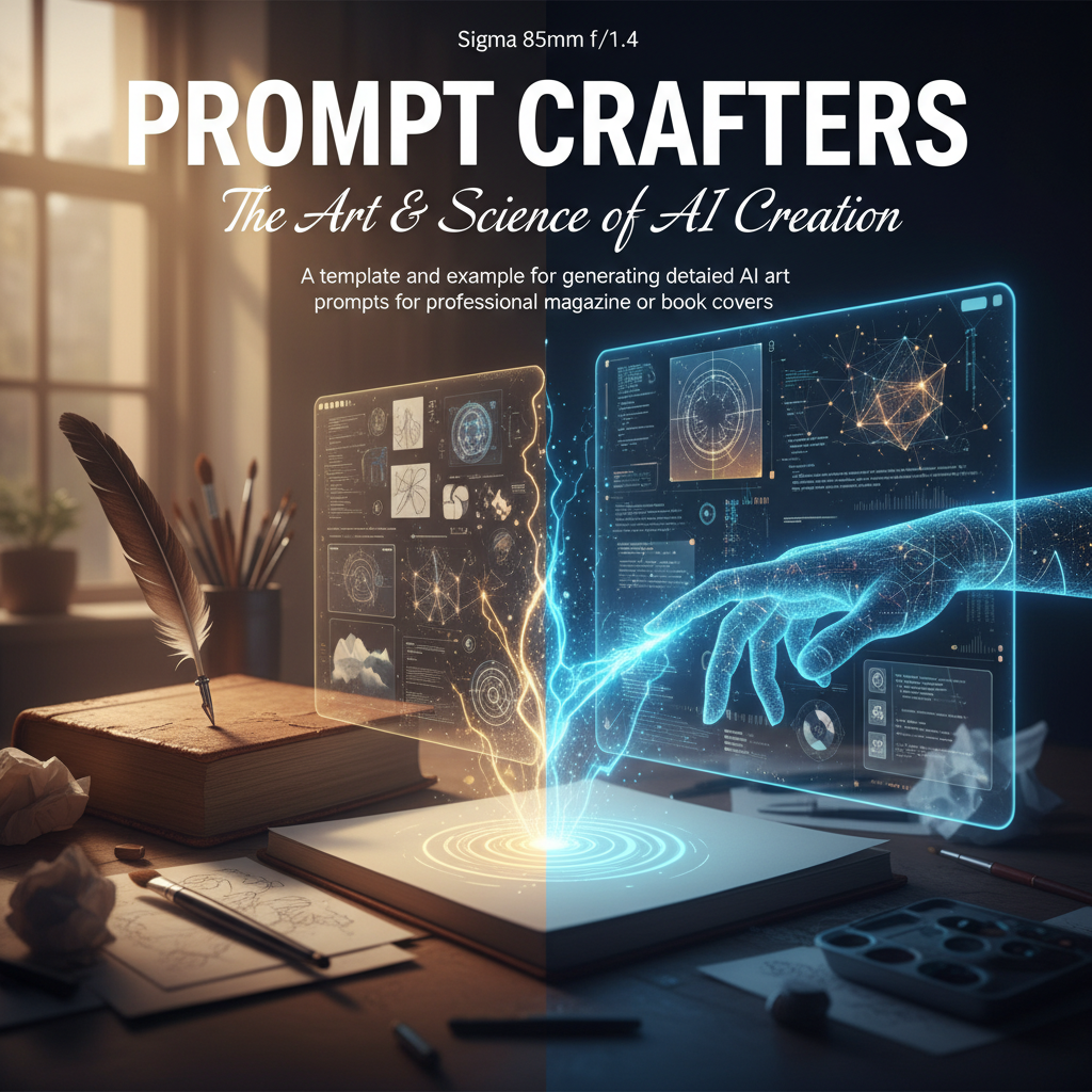 A template and example for generating detailed AI art prompts for professional magazine or book covers.