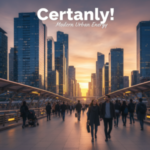 A striking cityscape at sunset with people walking, evoking hope and modern urban energy.