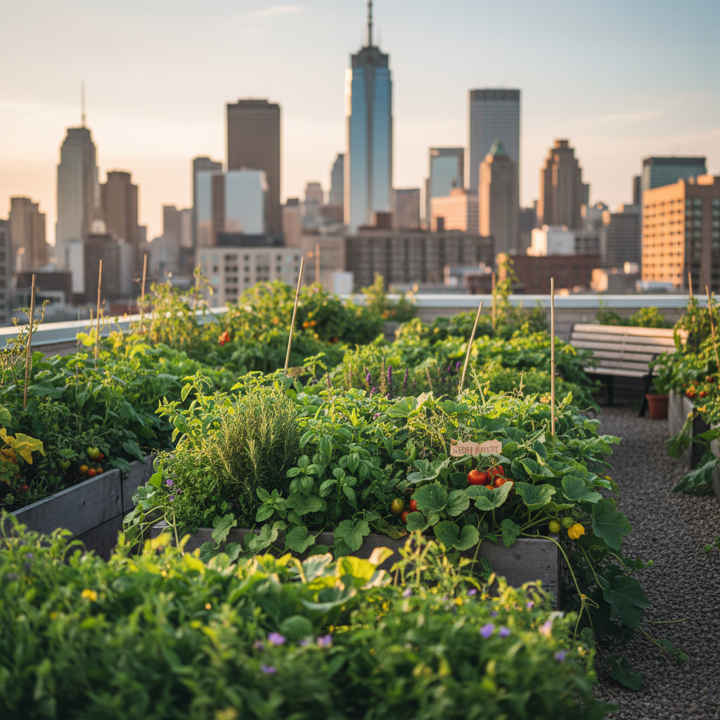 Description of an urban garden with lush plants and city buildings in the background