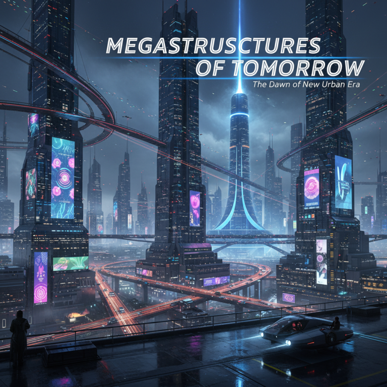 A futuristic sci-fi cityscape with neon lights and flying cars at night