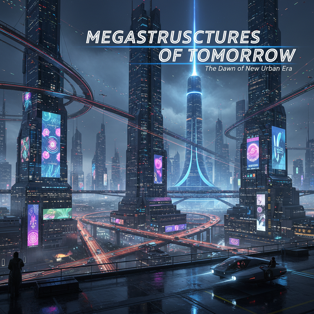 A futuristic sci-fi cityscape with neon lights and flying cars at night